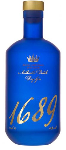 Die blaue Glasflasche von 1689 Authentic aus den Niederlanden ist ein Dry Gin mit 42% vol.
