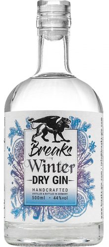 Breaks-Karlsruhe-Dry-Gin-Winteredition Die 500ml Flasche, mit 44% vol. wird in Deutschland destilliert und abgefüllt.