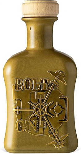 Die goldene Flasche mit dem hochwertigen Holzkorken enthält 0,5 Liter klaren Gin aus 43% vol.