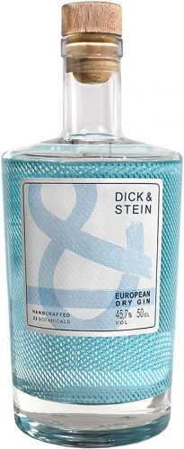dick-und-stein-dry-gin Die Flasche wird von einem blauen Gitternetz überzogen und das weiße Etikett mit blauen Elementen verrät nur das nötigste über den Gin.