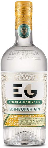 Die edle Flasche mit 40% vol. von Edinburgh Lemon Jasmin Gin fällt durch seine schöne senfgelbe Farbe auf.