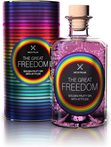 The Great Freedom Gin im Design die Rainbow -Flage und Sinnbild auf die nächste Ebene gebracht und erweitert: zur kunterbunten Farbpalette.