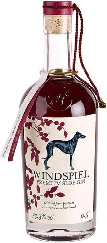 Windspiel Sloe Gin destilliert aus Kartoffeln und 33,3% Alkoholgehalt.